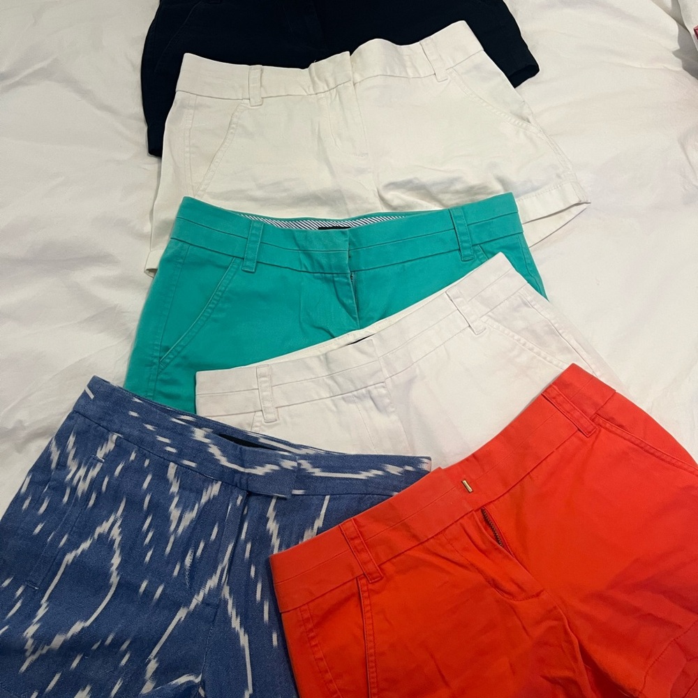 Lot of J. Crew chino Women's Shorts in Black, White, Teal, Blue, and orange.